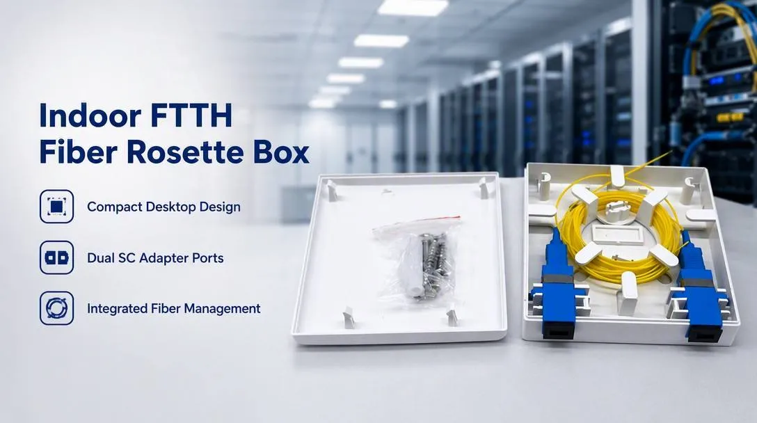 Compact indoor ftth desktop fiber rosette box with sc adapter ports.
