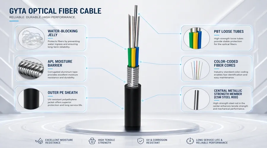 Cross section structure diagram of GYTA outdoor fiber optic cable showing APL aluminum moisture barrier, central metallic strength member, and stranded loose tubes